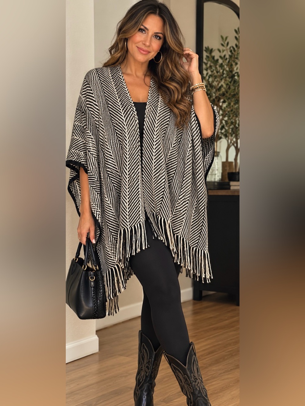 Black & Cream Fringe Knit Poncho -